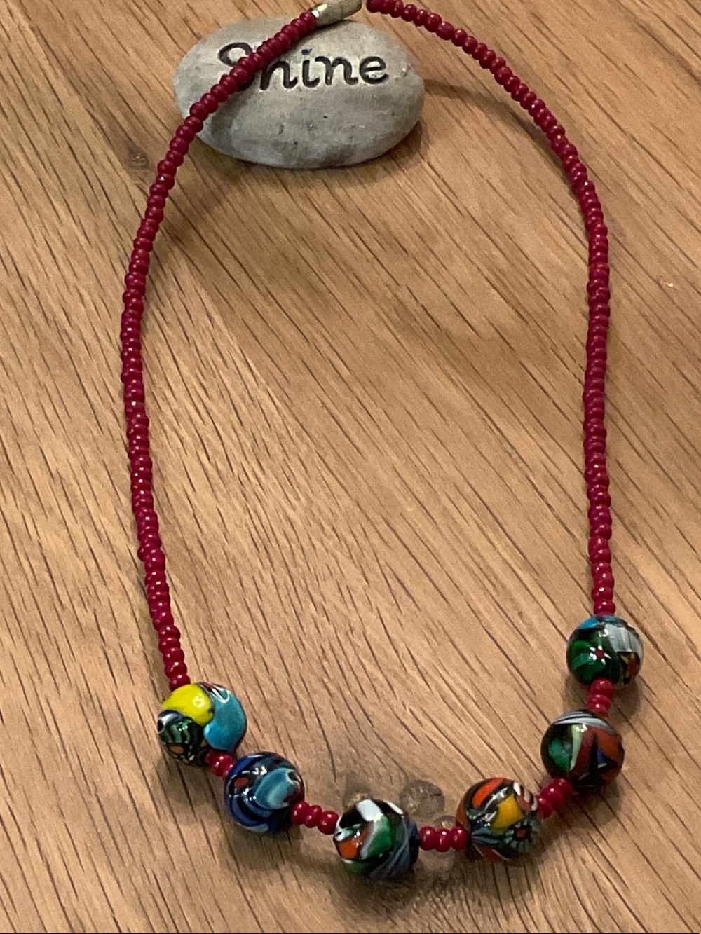 Handmade Red Beaded Necklace with Multicolor Glass Accent Beads